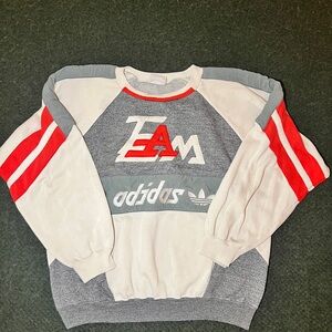 Adidas Men's Gray, White, and Red 90s Crewneck Sweater